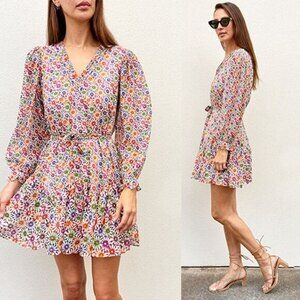 NWT Saloni Silk Ruffle V-Neck Long Sleeve Franca B Mini Dress Floral Size: 8